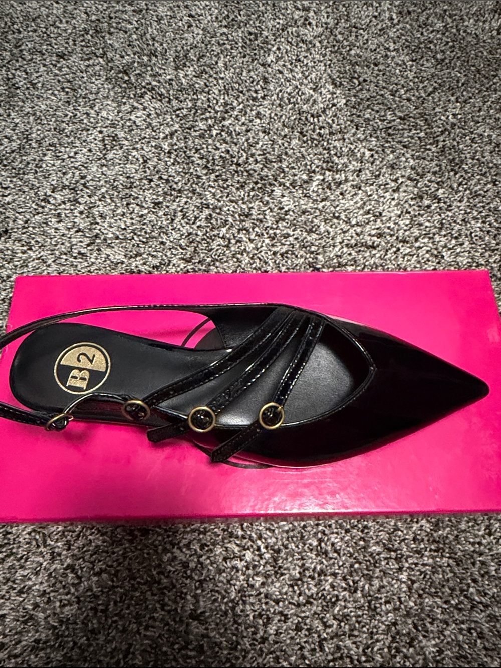 B2 Black Pointed Slingback Flats with Gold Ring Accents